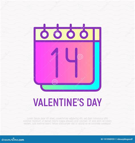 Calendar With 14 February Valentine`s Day Thin Line Icon Stock Vector