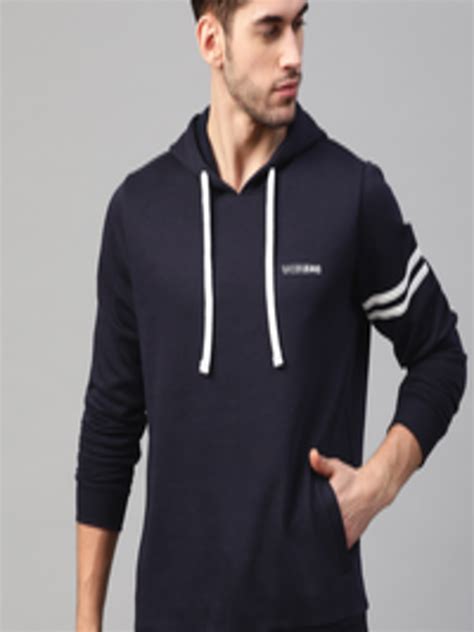 Buy Underjeans By Spykar Men Navy Blue And White Solid Hooded Sweatshirt