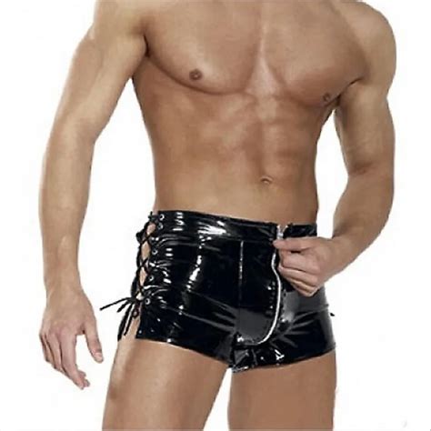 buy 2018 men s black sexy tight leather latex pvc shorts men patent leather