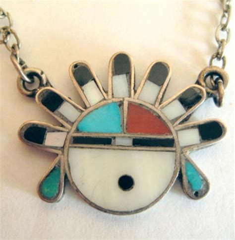 Zuni Sunface Sun Face Tiebar Necklace Mosaic Inlay Sterling Silver