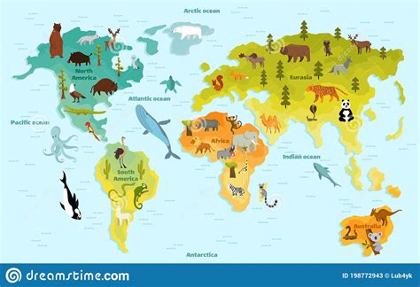 Funny Cartoon Animal World Map For Children With The Continents Oceans