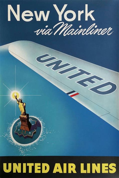 Original Vintage Poster United Airlines New York Via Mainliner New