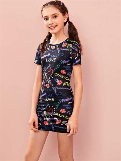Girls Letter Graphic Bodycon Dress In 2021 Cute Girl Dresses Tween