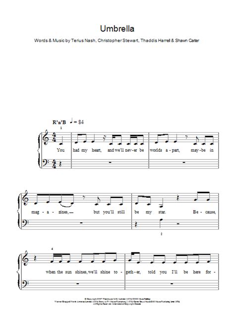 umbrella sheet music rihanna featuring jay z easy piano