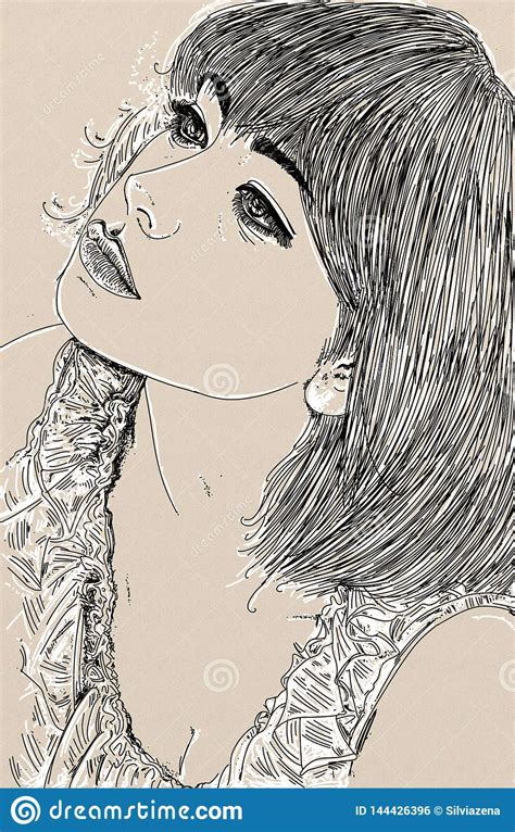 Una L nea Retrato Del Arte De Una Mujer Con Un Pelo Largo Stock de ilustración Ilustración de