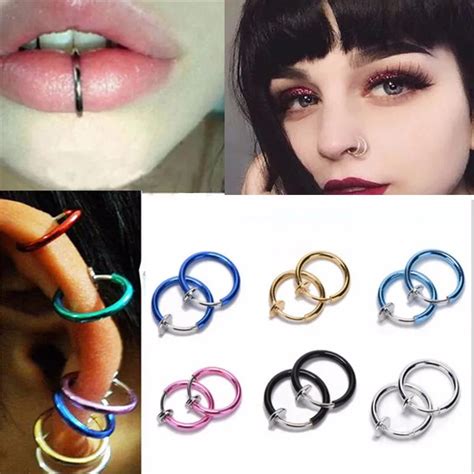 2 Piece Fake Nose Ring Goth Punk Lip Ear Nose Clip On Fake Septum Piercing Nose Ring Hoop Lip