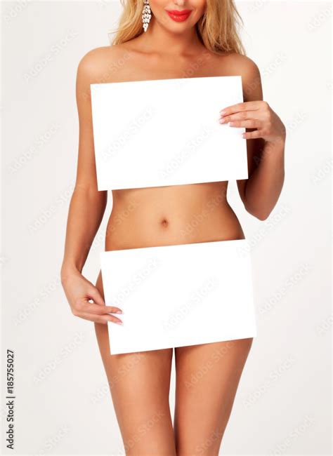 Sexy Naked Woman Holding Two Blank Paper Sheets With A Place For Information Stock Photo Adobe