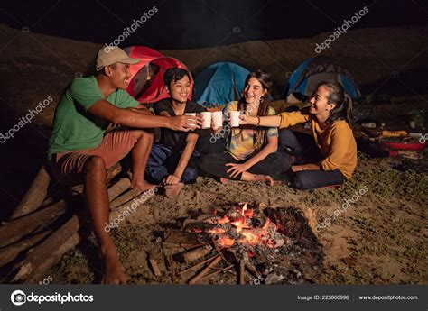 Portrait Group Of Friends Camping Cheering With Cup Of Coffee — Stock
