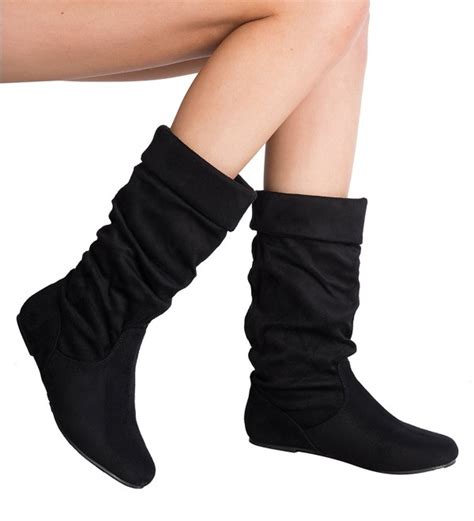 womens low heel mid calf slouchy fold over suede slip on casual boots black suede cg187id3krc
