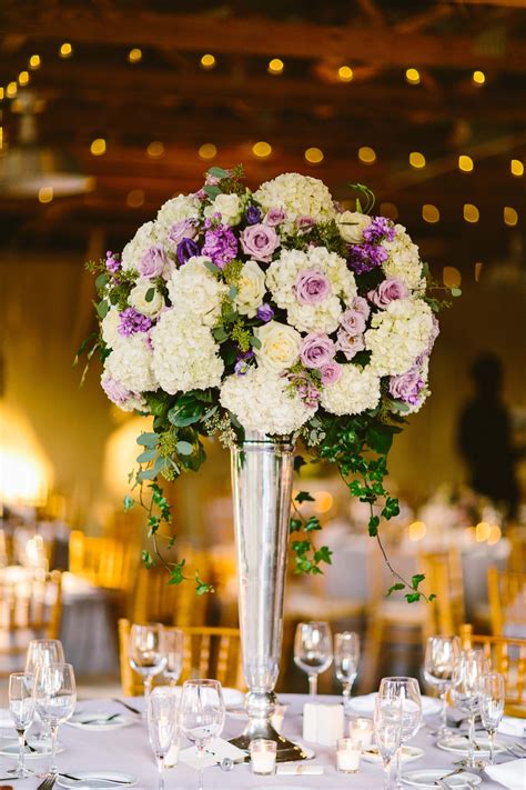 Purple Roses And Ivory Hydrangea Centerpiece Purple Wedding