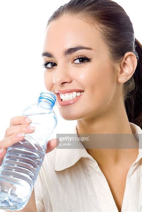 Young Business Woman Drinking Water Isolated On White High Res Stock