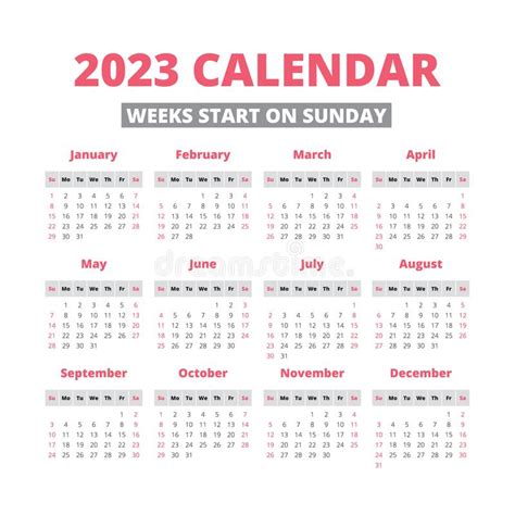 2023 Calendar With The Weeks Start On Sunday Stock Vector