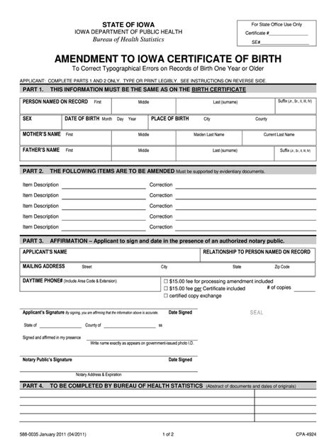 Amendment To Iowa Certificate Of Birth Fill Online Printable