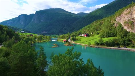 Beautiful Nature Norway Natural Landscape Aerial Footage Lovatnet Lake Stock Video Footage
