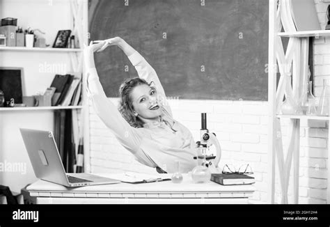 Stretching After Hard Working Day Teacher Adorable Woman Try To Relax In Classroom Mental