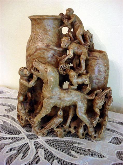 antique chinese soapstone carving vases dogs birds  monkeys