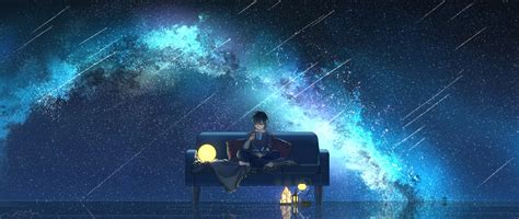 Download 3000x1272 Anime Boy Anime Landscape Starry Sky Night