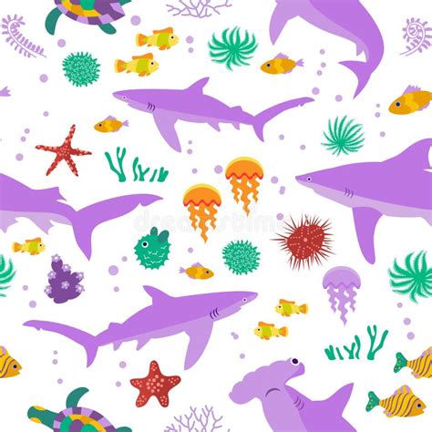 Seamless Vector Pattern With Cute Cartoon Sharks And Fishes Stock