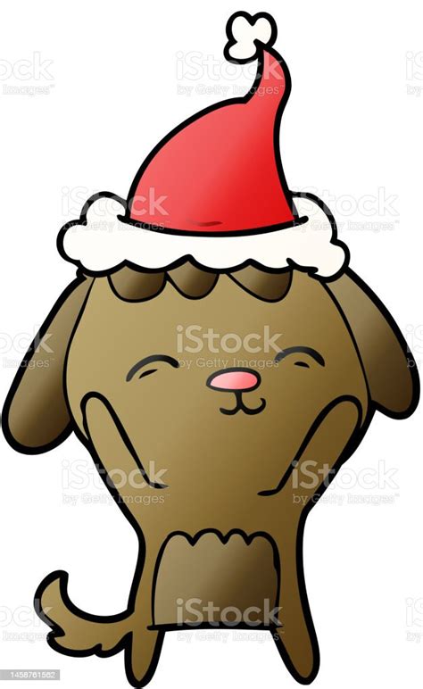 Happy Hand Drawn Gradient Cartoon Of A Dog Wearing Santa Hat Stock
