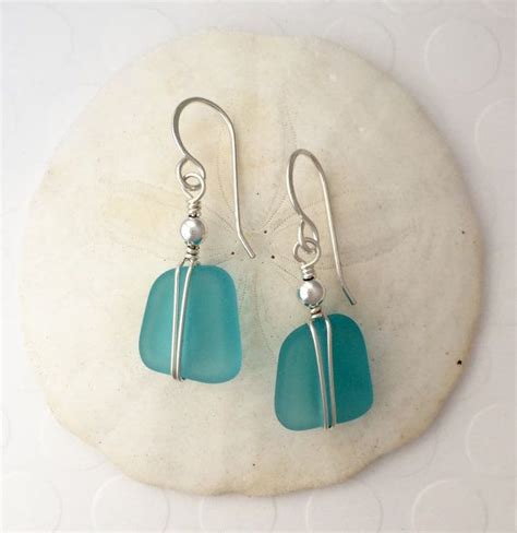 Sterling Silver And Aqua Sea Glass Earrings Wire Wrapped Shell Jewelry