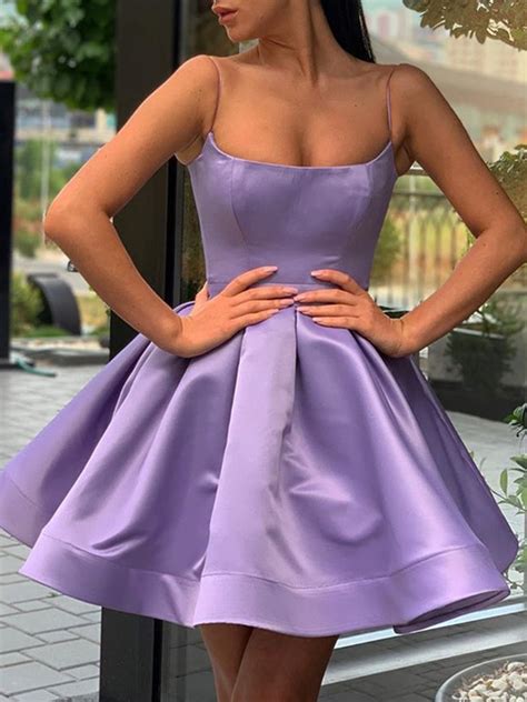 A Line Spaghetti Straps Short Purple Prom Dresses Short Purple Formal