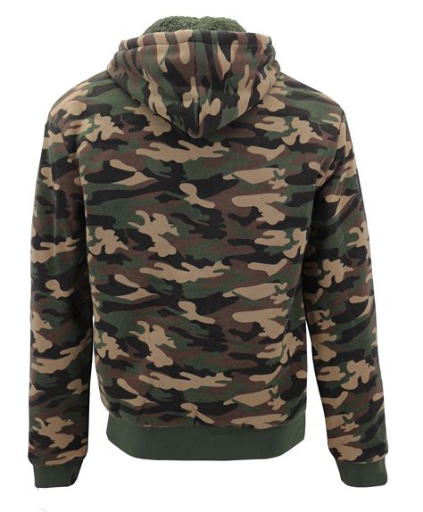 Mens Camo Sherpa Hoodie Zip Up Athletic Army Fleece Hunting Sweater