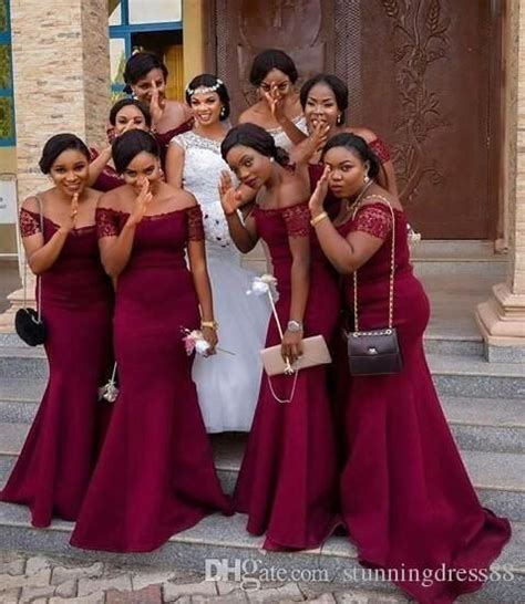 Dark Red Sexy Mermaid 2022 African Bridesmaid Dresses Off The Shoulder Lace Sleeves Wedding