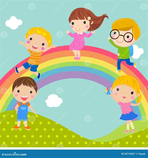 Kids And Rainbow Stock Vector Illustration Of Celebrating 35719267