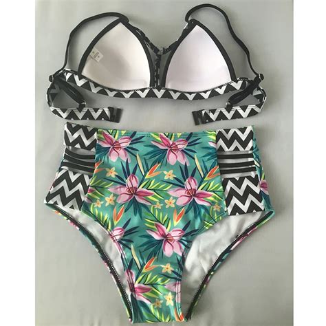 Ycdkk 2017 New Sexy Bikinis Women Swimsuit High Waisted Bathing Suit Swim Halter Print Push Up