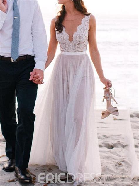Beach weddings are an opportunity to step up your typical beachwear of shorts and a bikini, but you can't fall back on typical nuptial attire of taffeta or silk. Ericdress Illusion Neckline Lace Beach Wedding Dress ...