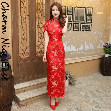 red satin cheongsam chinese national sexy women s qipao elegant short sleeve novelty long dress