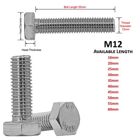 12mm M12 X 55mm Metric A2 Stainless Steel Hexagon Set Screw Setscrews Hex Head Fully Threaded