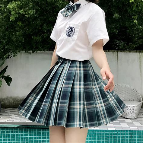 Verde Xadrez Saias Jk Uniforme Escolar Japonês Meninas Verão Cintura Alta Saias Plissadas Roupas