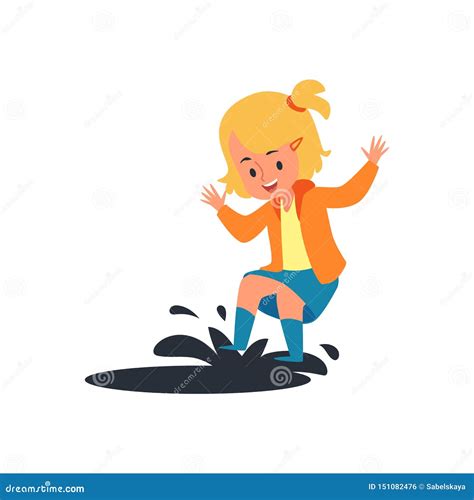 Happy Child Jumping On Rain Puddle Little Blonde Girl Having Fun