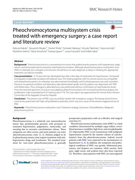 Pdf Pheochromocytoma Multisystem Crisis Treated With Emergency