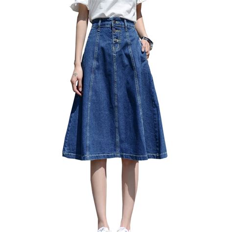 2018 Women Denim Skirt Oversize Lady High Waist A Line Midi Skirts Plus