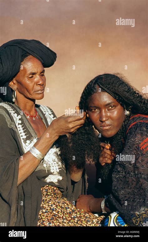 Niger Agadez Women Of Tuareg Tribe Arranging Hair Stock