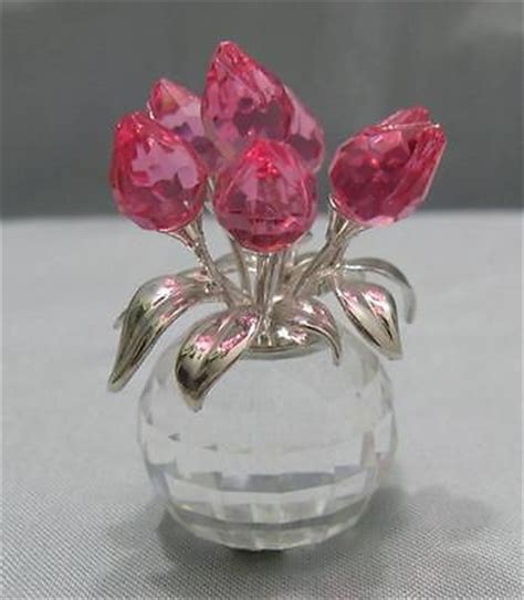 Swarovski Crystal Flower Pot Vase Pink Rose Tulips Signed Retired Figurine Antique Price