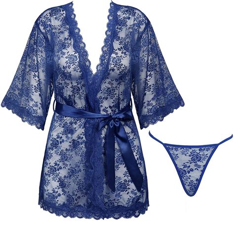 Cherrydew Womens Lace Kimono Lingerie Robe Set Sheer See Through