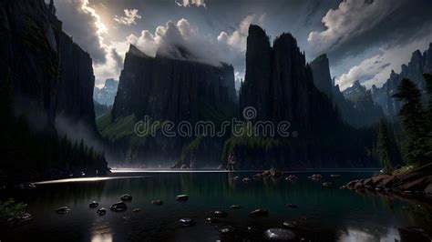 Landscape Painting Mountain Sky Clouds Magical Mystic Lake River Ai