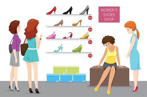 Boutique De Chaussures Pour Femmes Avec Vendeuse Et Clients Vecteur Premium