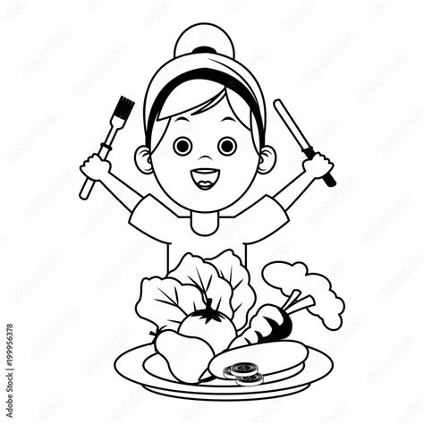 Cute Girl Eating Fruits With Cutlery On Black And White Colors Vector