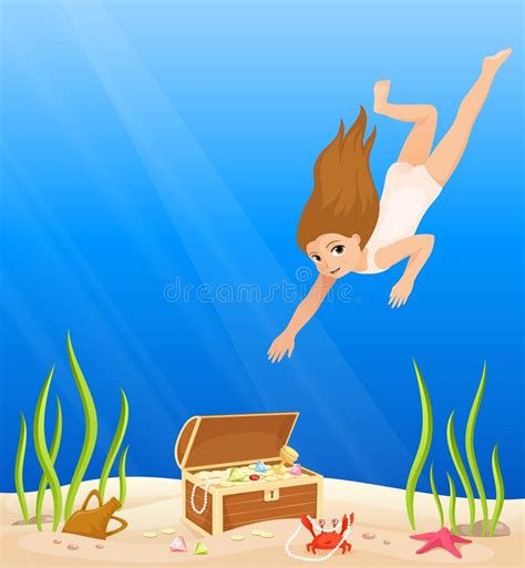 Girl Diving Equipment Under Sea With Sharks Stock Vector Illustration