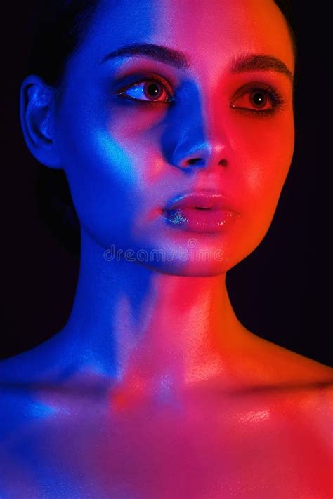 Beautiful Girl In Red And Blue Bright Lights Stock Image Image Of