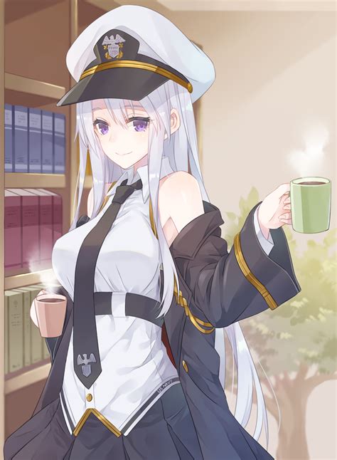 Safebooru 1girl Azur Lane Blurry Bookshelf Coat Coffee Coffee Mug