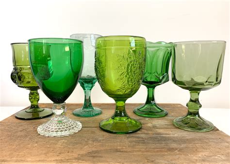 2nd time around vintage set 6 green goblets water glasses unique retro collection