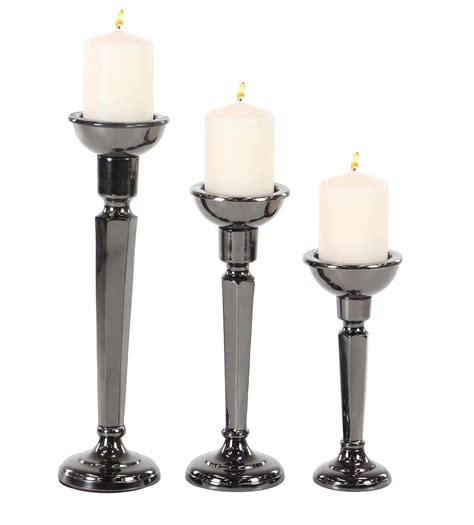 Decmode Set Of 3 Modern Aluminum Tapered And Faceted Black Candle