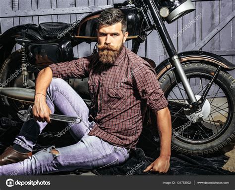 Pics Biker Beards Bearded Man Hipster Biker — Stock Photo