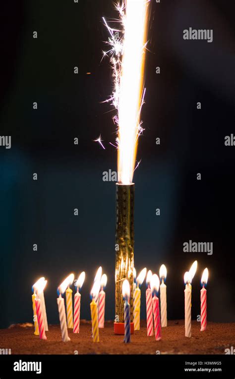 Chocolate Birthday Cake With 18 Candles And A Firework Sparkler Stock