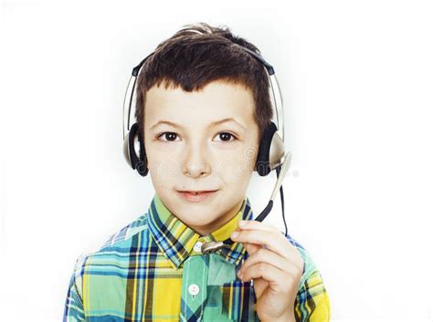Little Cute Caucasian Boy In Headphones Posing Happy Smiling Isolated